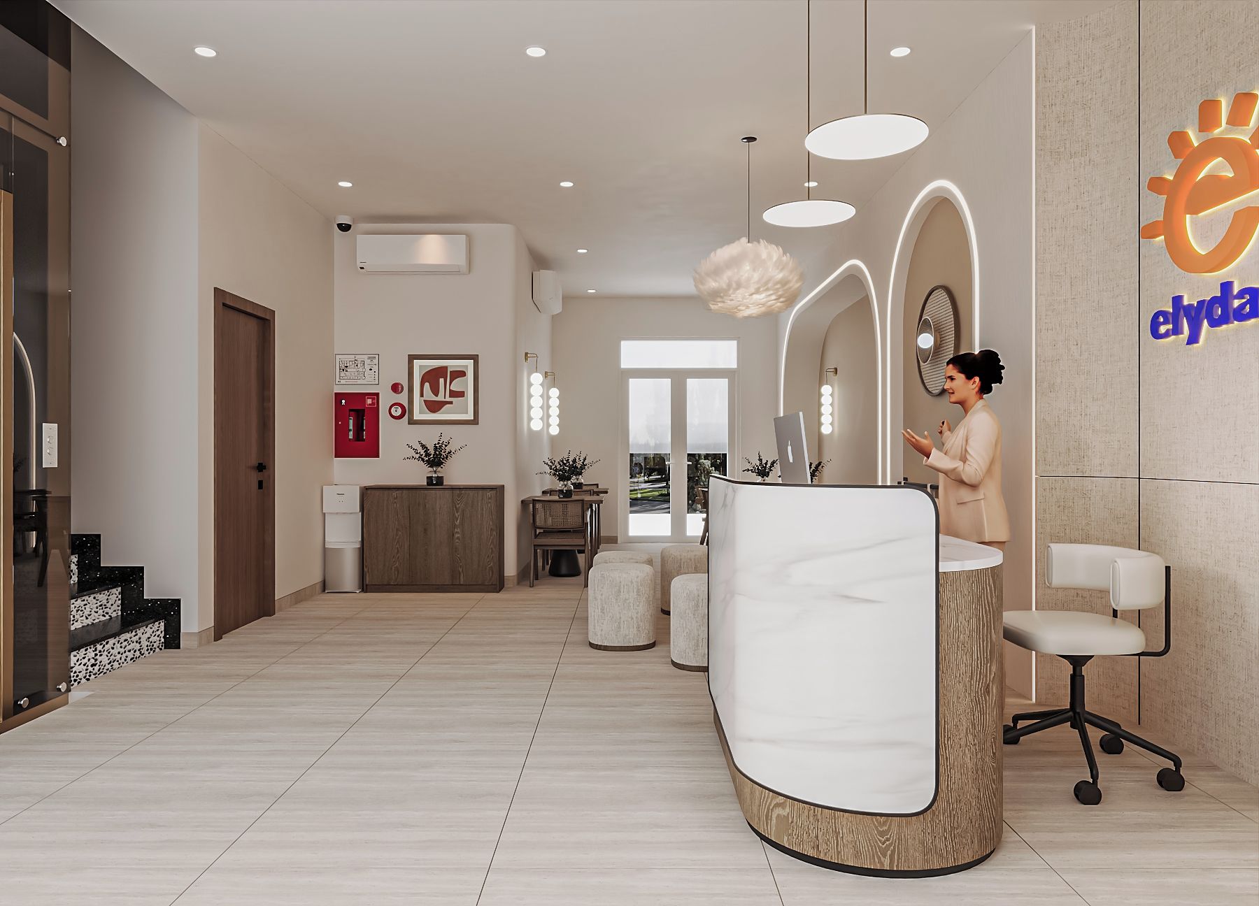 Un área de recepción moderna con un mostrador curvo, un espacio de espera con sillas y un mostrador de recepción a la vista.