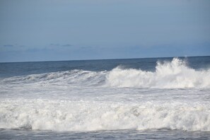 Une vue sur l’océan, avec des vagues qui déferlent sur le rivage.