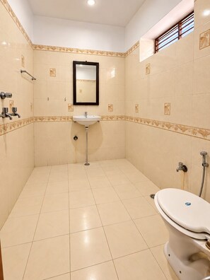 A bathroom with a white toilet, a sink, and a mirror. - Hotel Alexa Palace (Jaisalmer)