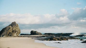 A beach with a large rock formation, sandy shore, and waves.