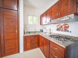 Cozinha com armários de madeira, fogão a gás, micro-ondas e janela com vista para o verde.