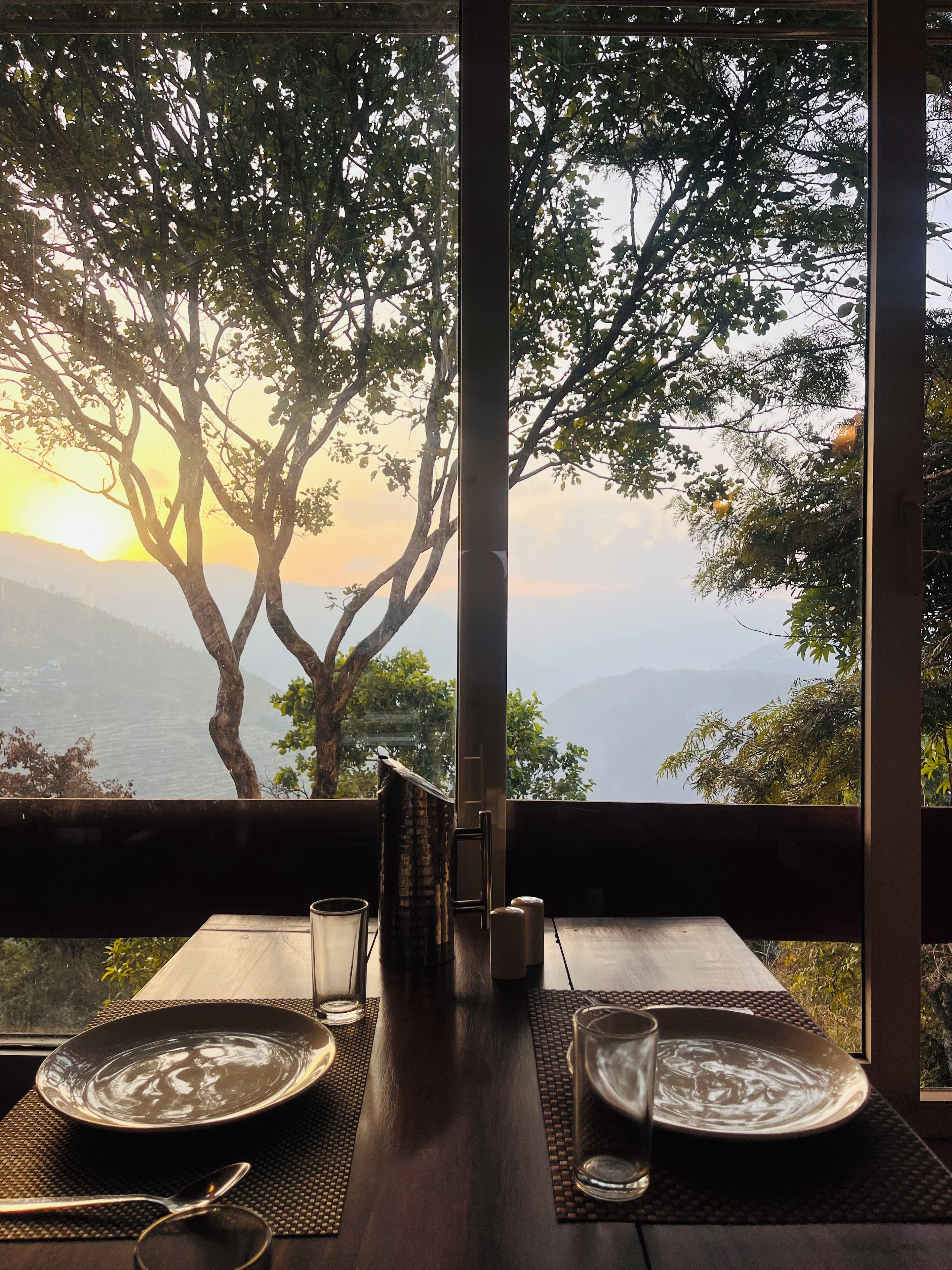 A dining table set with plates, glasses, and cutlery, with a view of trees and mountains through a window.