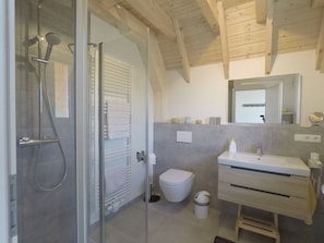 A bathroom with a glass shower enclosure, a toilet, a sink, and a mirror. - Pure sea Breeze (Wurster Nordseeküste)