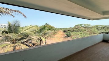 Una habitación con vista a un sendero de tierra y palmeras.