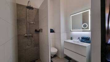 Een moderne badkamer met een inloopdouche, toilet en een wastafel met spiegel.