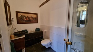 Ein Badezimmer mit Waschbecken, Spiegel, Toilette und Duschbereich.