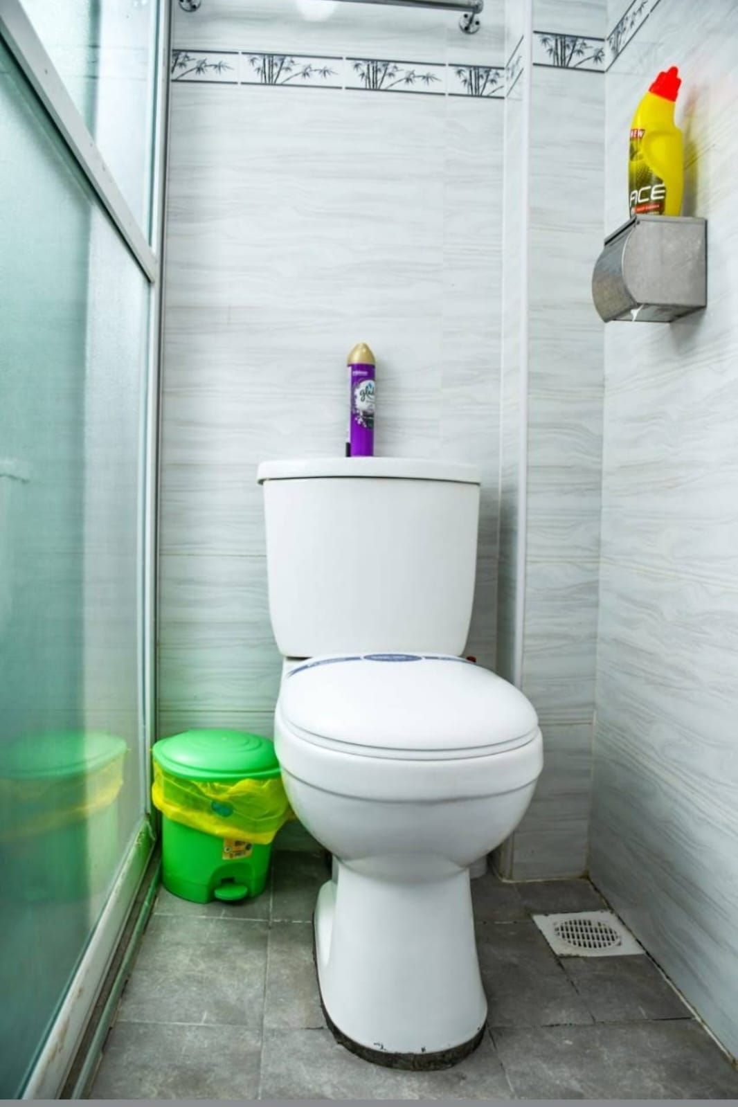 Un baño con un inodoro blanco, un cubo de basura verde y un estante en la pared con productos de limpieza.