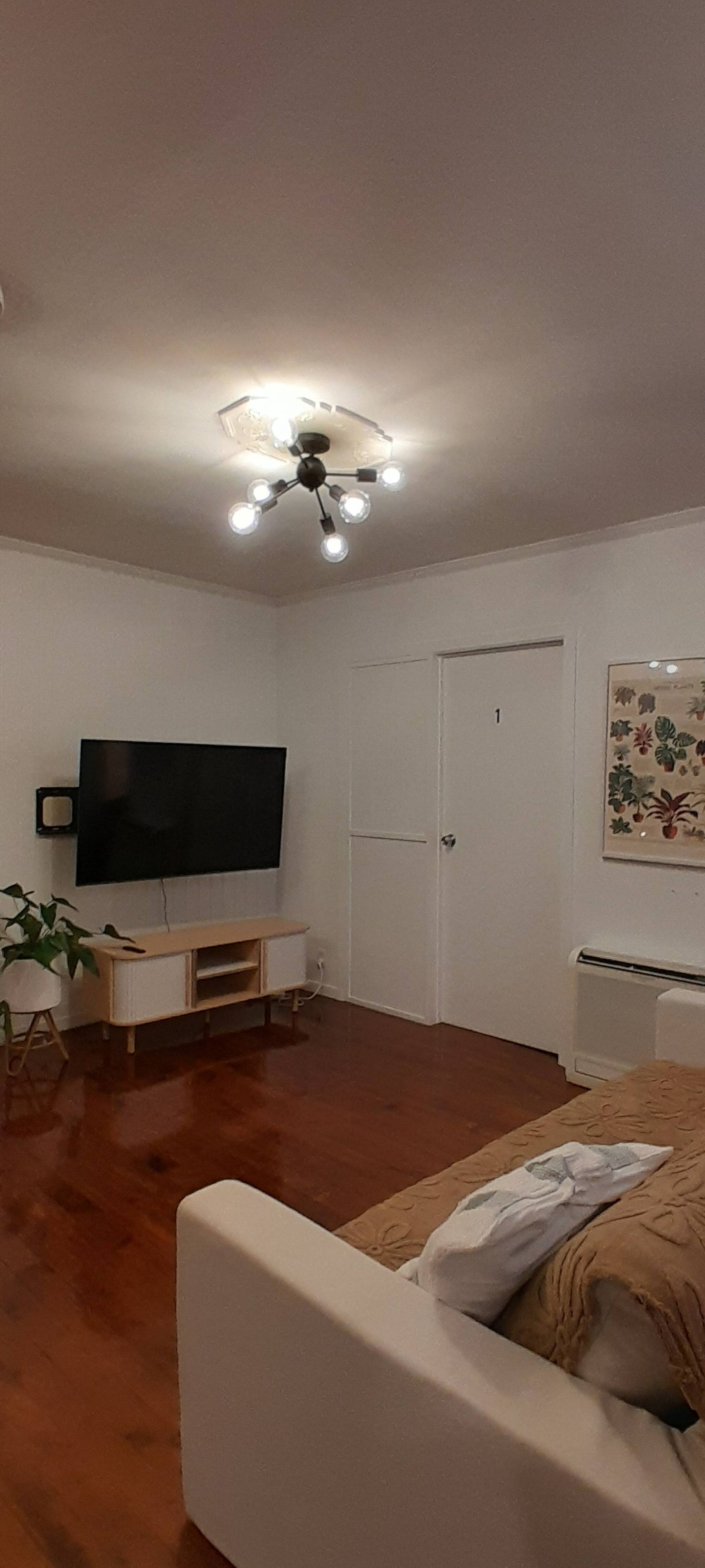 A living room with a flat-screen TV, a ceiling fan, a sofa, a door, and a wall-mounted artwork.