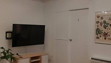 A living room with a flat-screen TV, a ceiling fan, a sofa, a door, and a wall-mounted artwork.