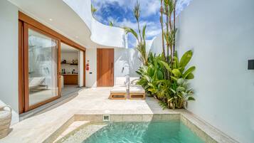 A modern outdoor pool area with a clear blue pool, a wooden deck, and tropical plants.