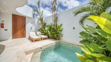 Un espace piscine extérieur moderne, doté de chaises longues, d’une porte en bois et de plantes tropicales.