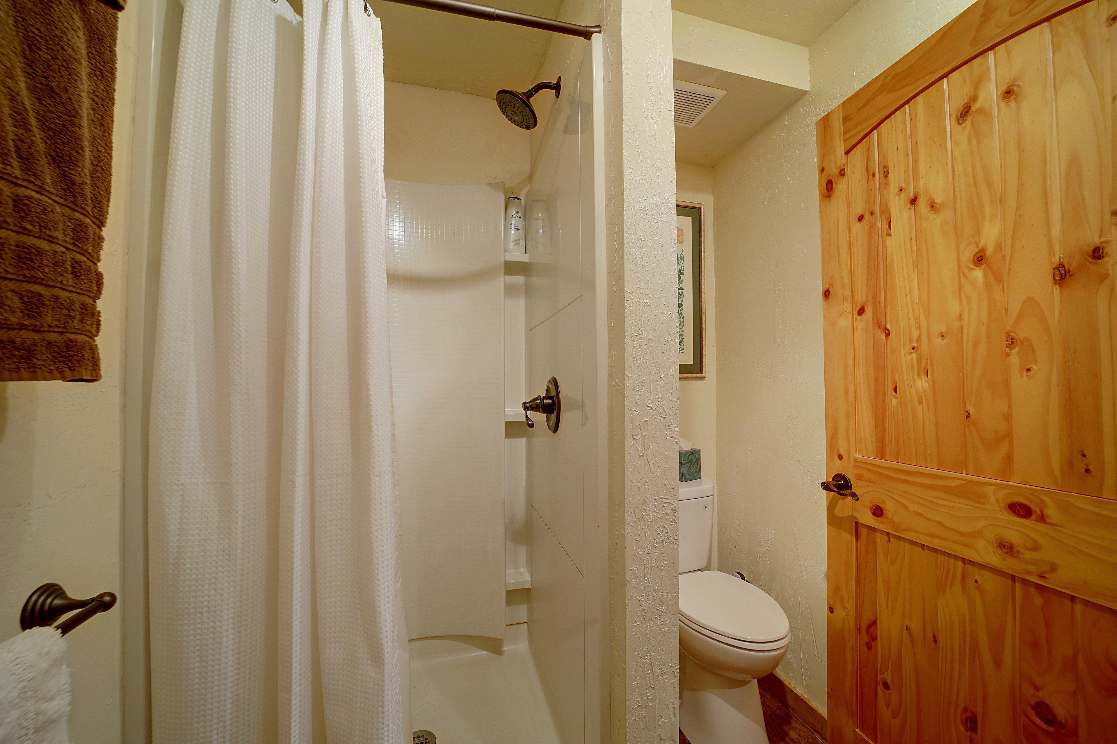 Une salle de bain avec douche, toilettes et porte en bois.