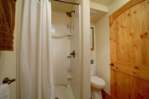 Une salle de bain avec douche, toilettes et porte en bois.