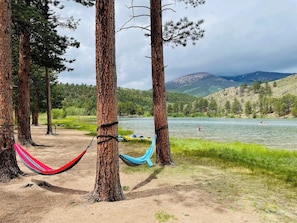 Una hamaca entre árboles con vista a un lago y montañas.