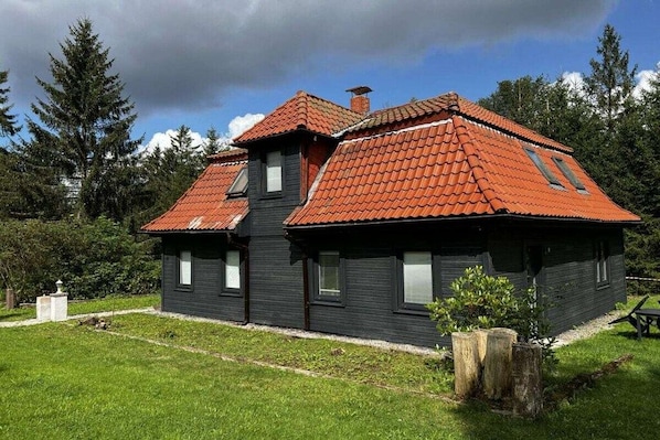 A two-story house with a red-tiled roof, a small porch, and a well-maintained lawn. - Holiday home "Forest swimming pool" (Altenau)