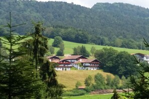 A cluster of traditional houses with sloped roofs, surrounded by lush greenery and a forested hill in the background. - Adalbert Stifter Holiday Village (Hauzenberg)
