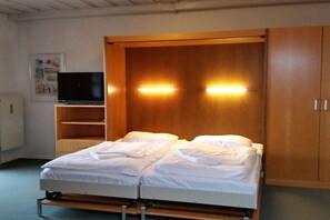 A single-bed room with a wooden wardrobe, a television on a stand, and a wall-mounted shelf. - Adalbert Stifter Holiday Village (Hauzenberg)