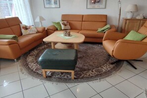 Un salon comprenant un canapé, une table basse et un tapis.