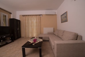 Ein Wohnzimmer mit einer Couch, einem Couchtisch mit einer Vase, einem Fernseher und einem Schrank.