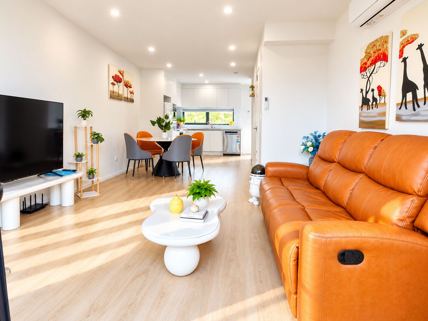 A modern living room with a leather sofa, a dining table with chairs, a flat-screen TV, and a kitchen in the background.