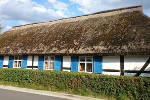 Ein traditionelles reetgedecktes Haus mit weißen Wänden und blauen Fensterläden, umgeben von einer Hecke.
