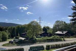A residential area with houses, a road, and a power line. - Lakeside with valley view, upper floor (Arrach)