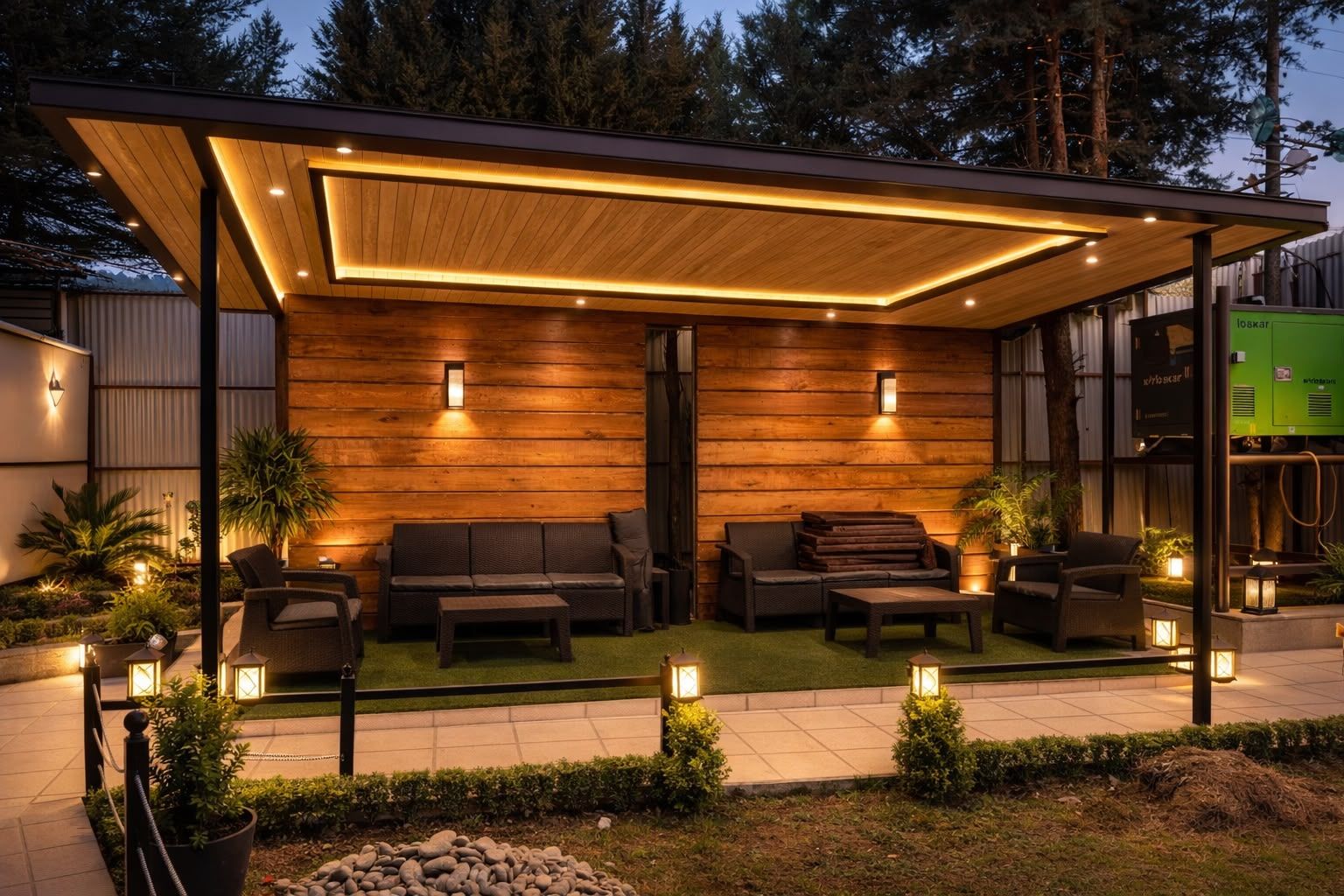 Un espacio al aire libre moderno con pared de madera, asientos acolchados e iluminación ambiental.