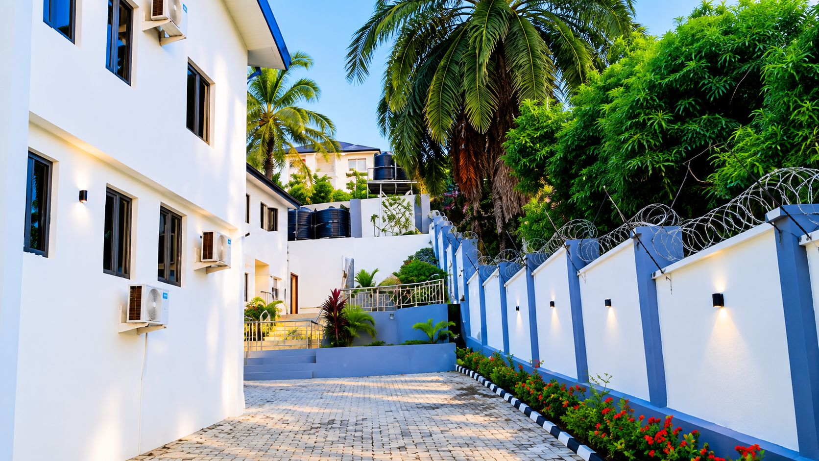 A residential area with a paved pathway, a blue and white wall with barbed wire, and a palm tree.
