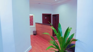Corredor com tapete vermelho, balcão de madeira na recepção e uma planta.