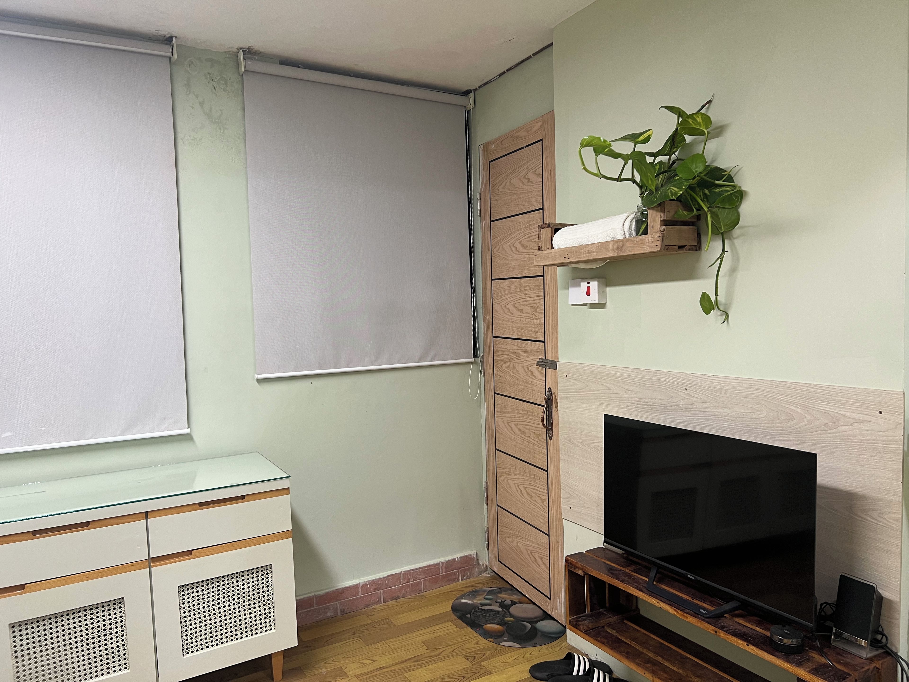 A room with a TV, wooden cabinet, and a plant on a shelf.