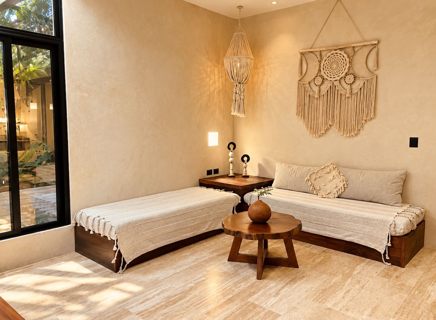 Een kamer met twee bedden, een ronde houten tafel, een wanddecoratie van macramé en een hanglamp.
