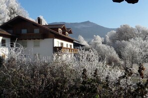 Ein Chalet mit Holzfassade, einem Balkon und einer Bergkulisse.