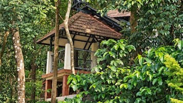 Una casa con techo de tejas, rodeada de abundante follaje verde.