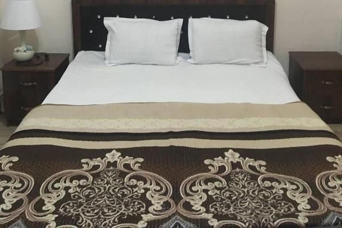 Een bed met hoofdeinde, twee kussens, een nachtkastje met een lamp en een decoratief wandpaneel.