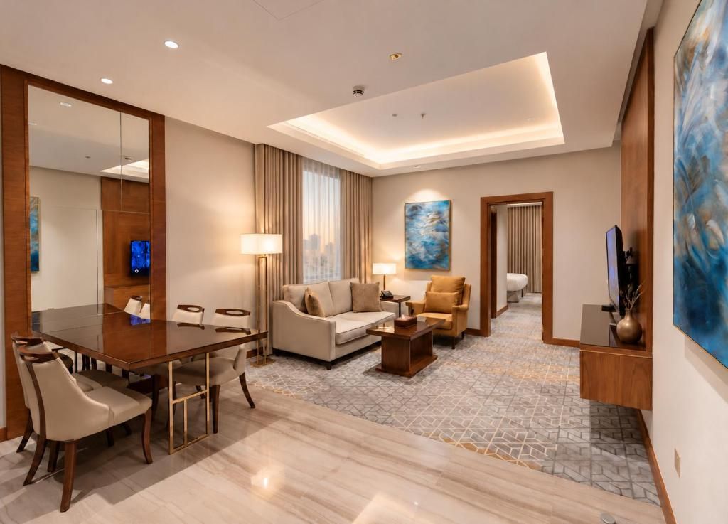 A hotel room with a dining table, sofa, and armchairs, a large mirror, and artwork on the walls.