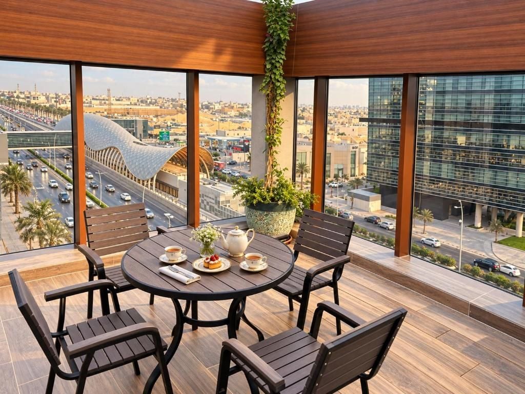 A round table with chairs on a balcony, overlooking a cityscape with modern buildings and a curved structure.