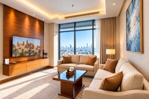 A modern hotel room with a large window offering a city view, a flat-screen TV mounted on a wooden panel, and a sofa with a coffee table. - Otero Hotel and Suites - Riyadh (Riyadh)