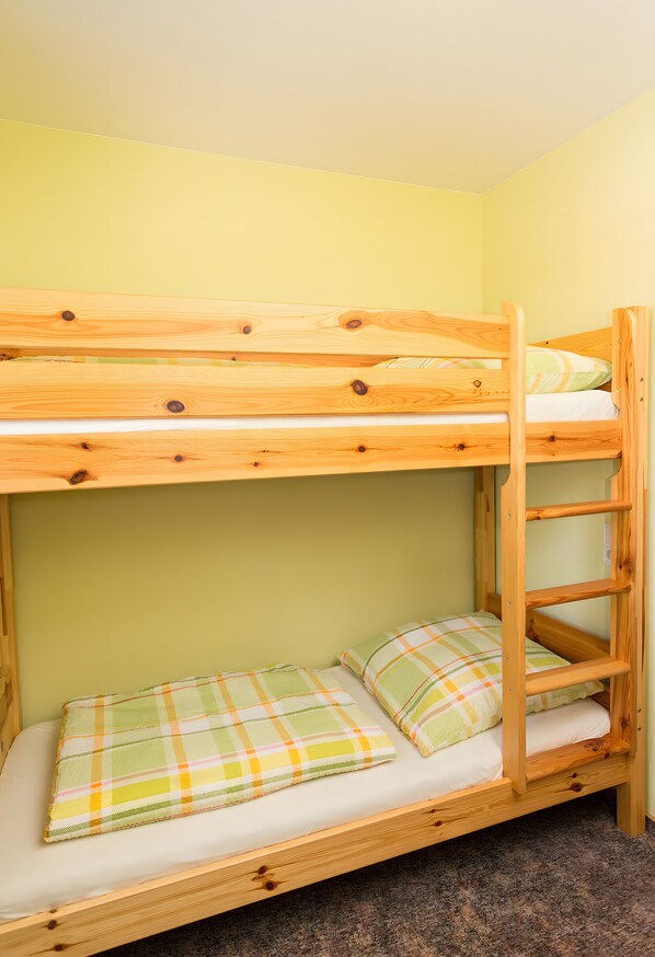 Een stapelbed met een ladder, twee kussens en een geruit dekbed.