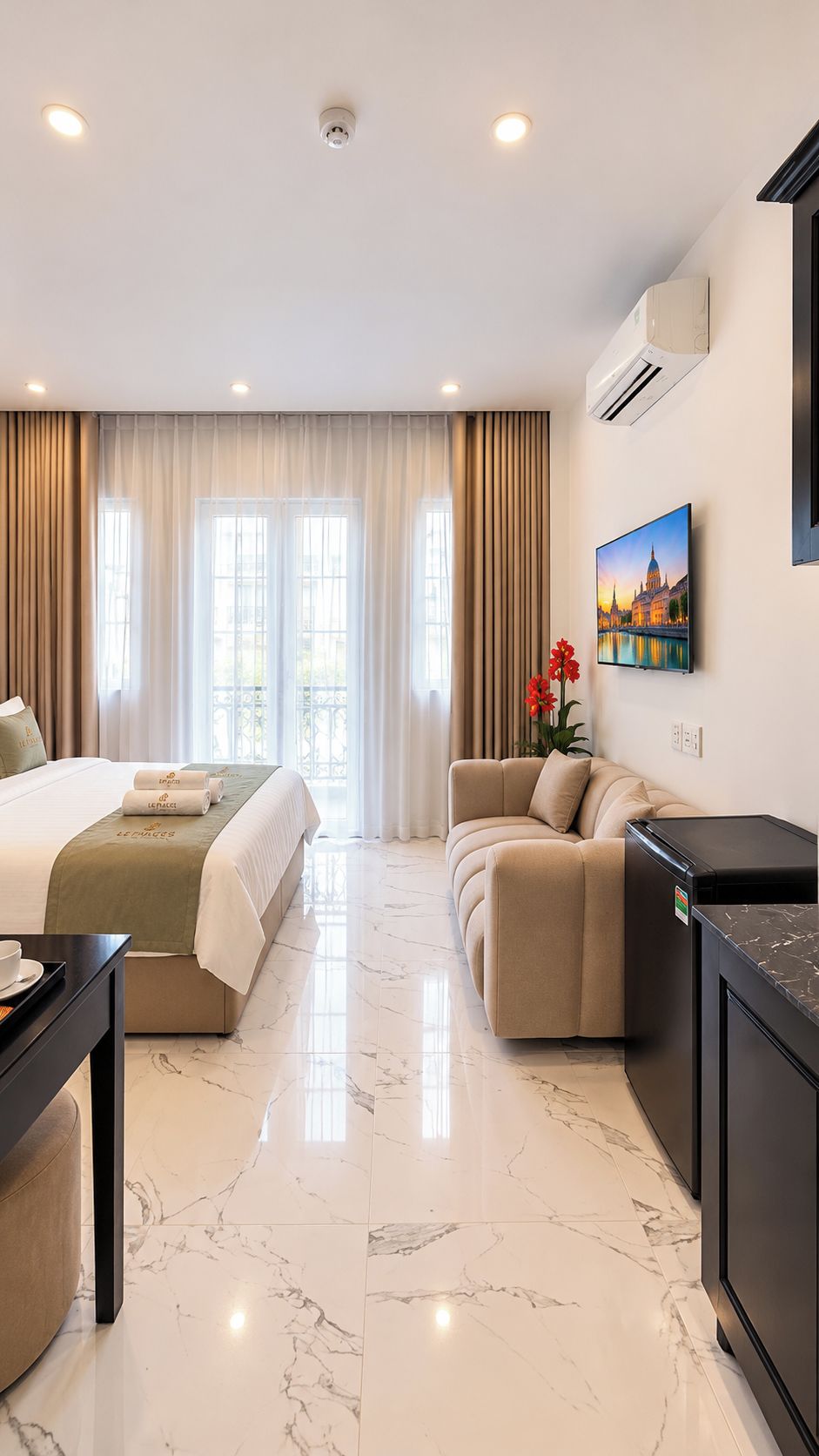 Habitació d'hotel amb un llit, un sofà, un escriptori i una televisió.