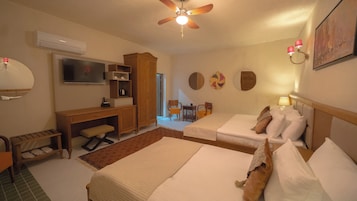 Habitación de hotel con dos camas, un escritorio, una silla, un televisor y un ventilador de techo.