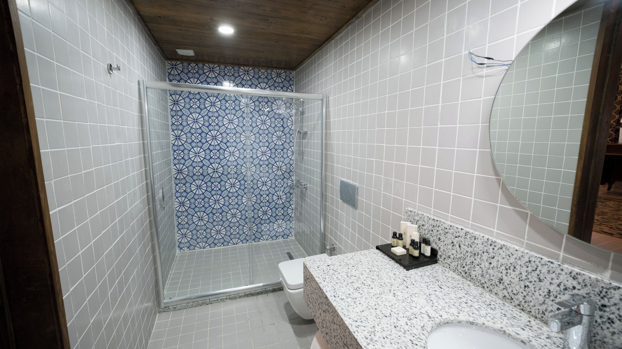 Een badkamer met douche, toilet en wastafel.