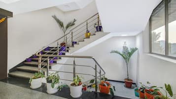Una escalera con barandillas de metal, plantas en macetas y un letrero que indica '3rd Floor'.