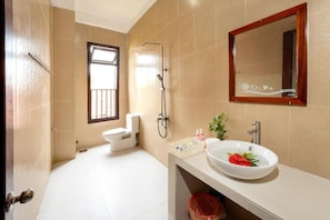 Een badkamer met een wit wastafel, douche, toilet en spiegel.