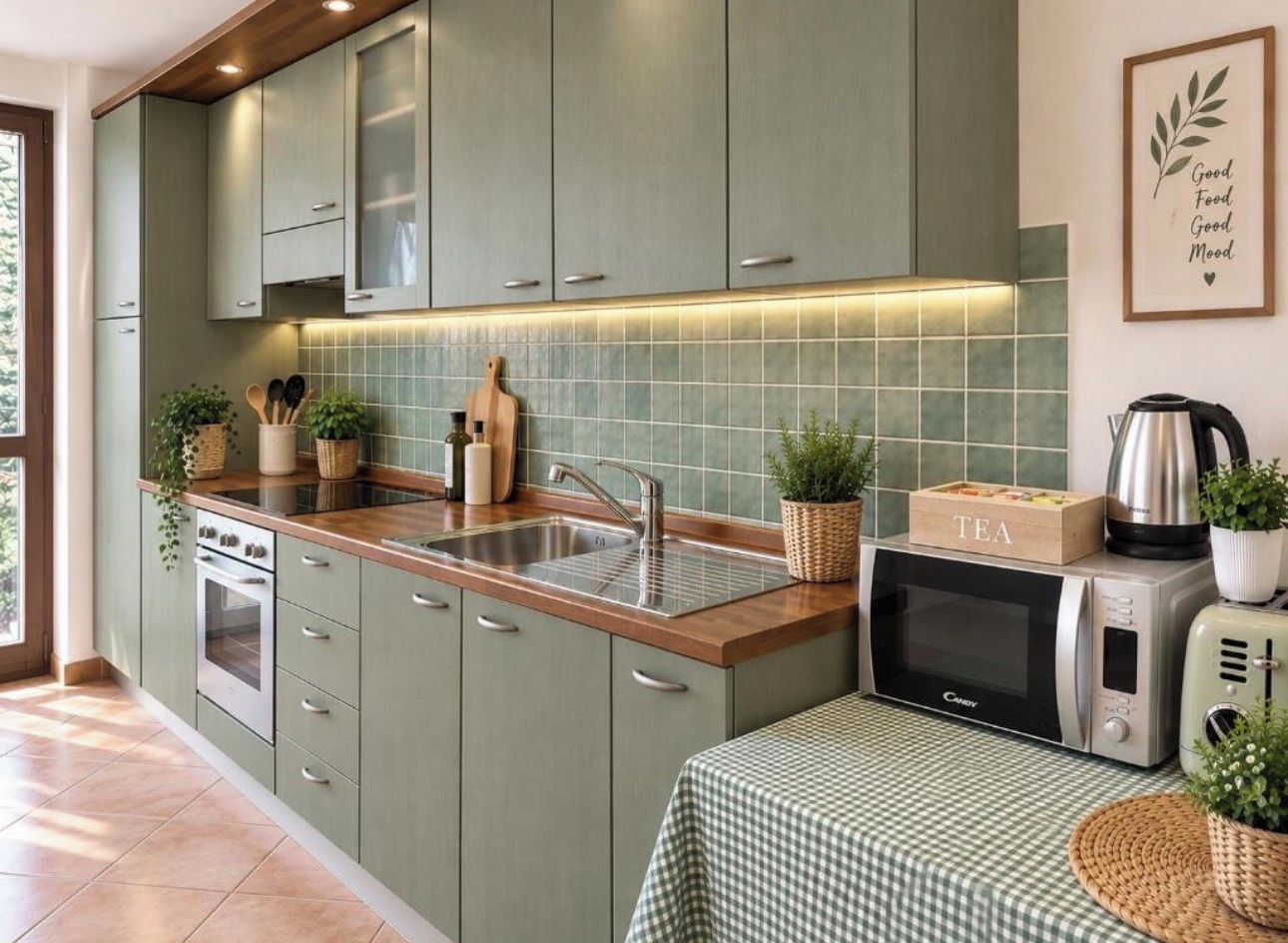 Une cuisine avec des meubles de rangement verts, un évier, un four à micro-ondes et une table recouverte d’une nappe à carreaux.