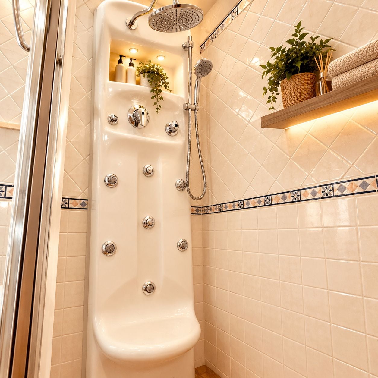 A modern bathroom with a walk-in shower, a glass door, and a shelf with toiletries and a plant.