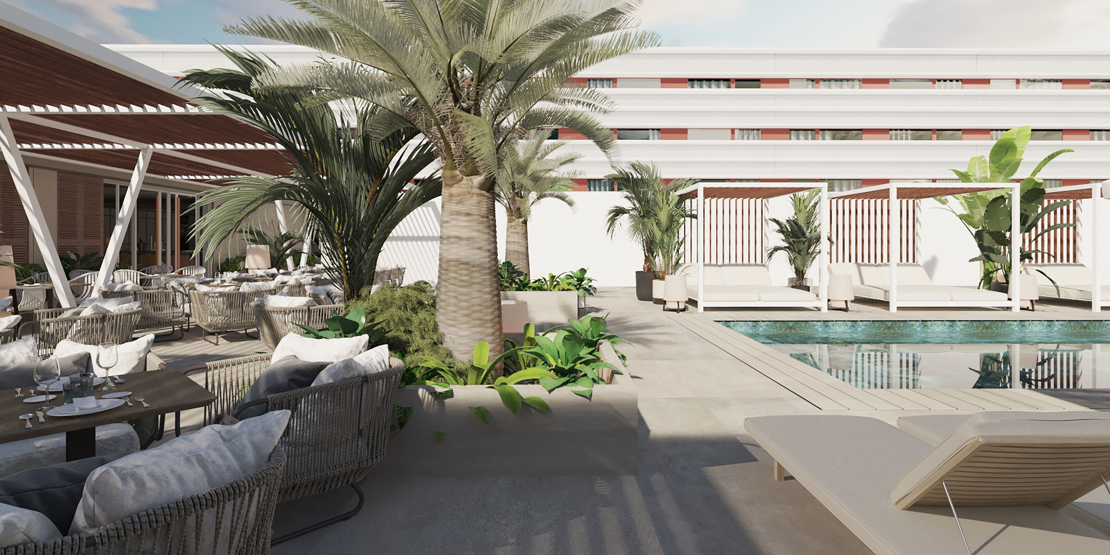 A poolside area with lounge chairs, a dining table set, and a palm tree.