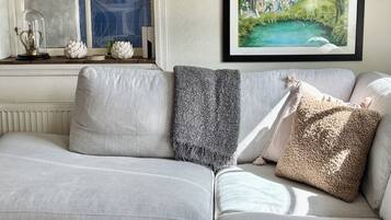 Een woonkamer met een bank, een lijst met een foto van een huis in Louisiana en een raam met een hanglamp.
