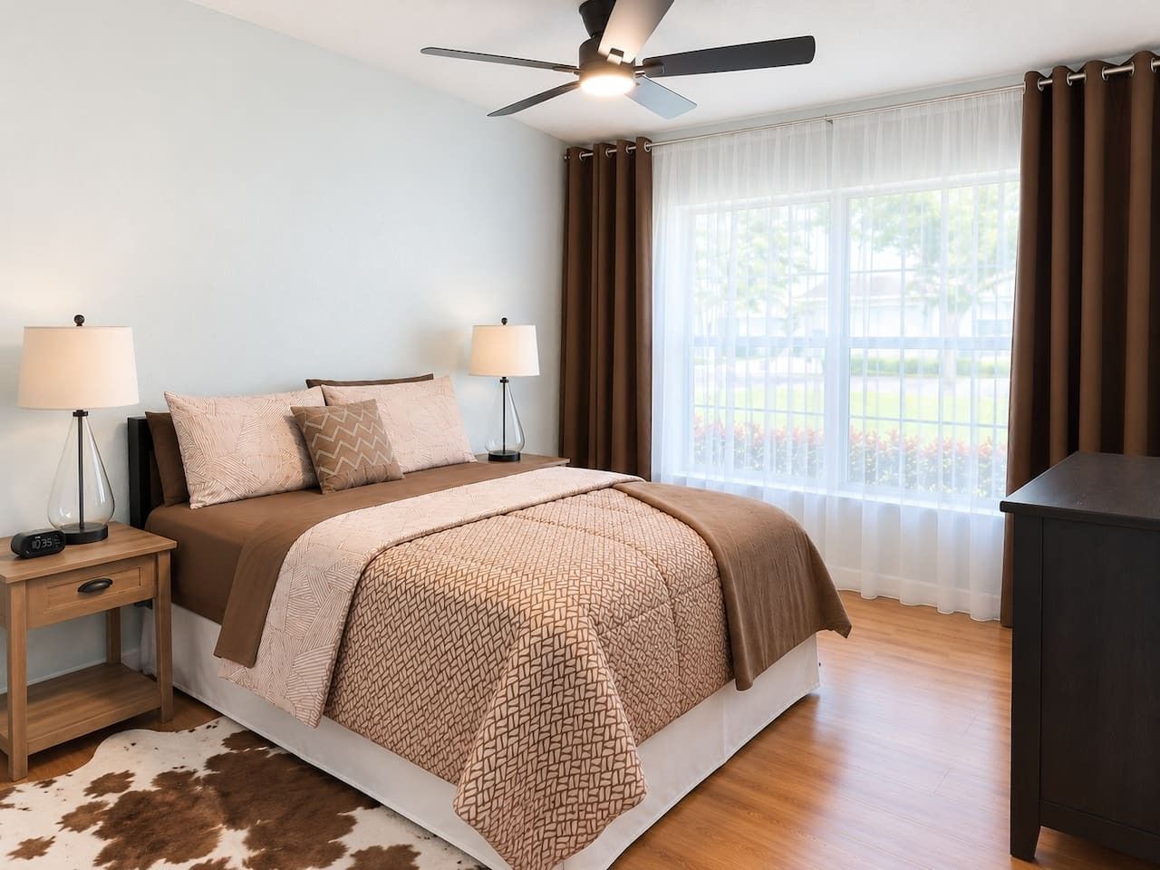 Une chambre à coucher comprenant un lit, deux tables de chevet, un ventilateur de plafond, une fenêtre avec des rideaux et un tapis en peau de vache.