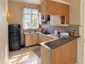 A compact kitchen with a refrigerator, stove, sink, and a microwave. - Bazaar Square Lodges - Jasmin (Grand Baie)