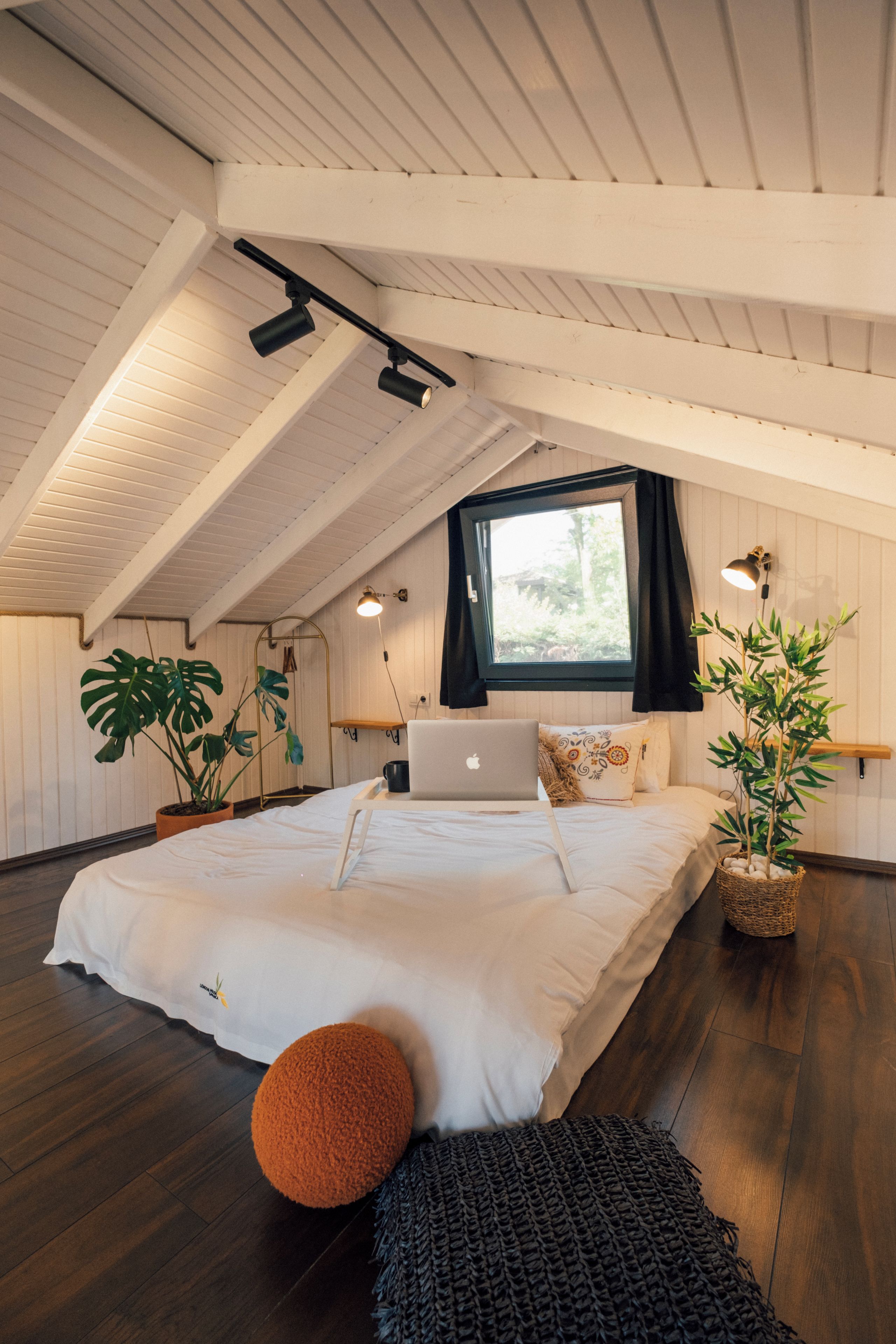 A bedroom with a sloped ceiling, a bed with a laptop, a window with curtains, and potted plants.